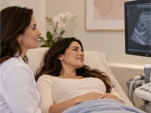 Paciente deitada e coberta por uma manta, ao lado da médica, olha a tela do ultrassom.