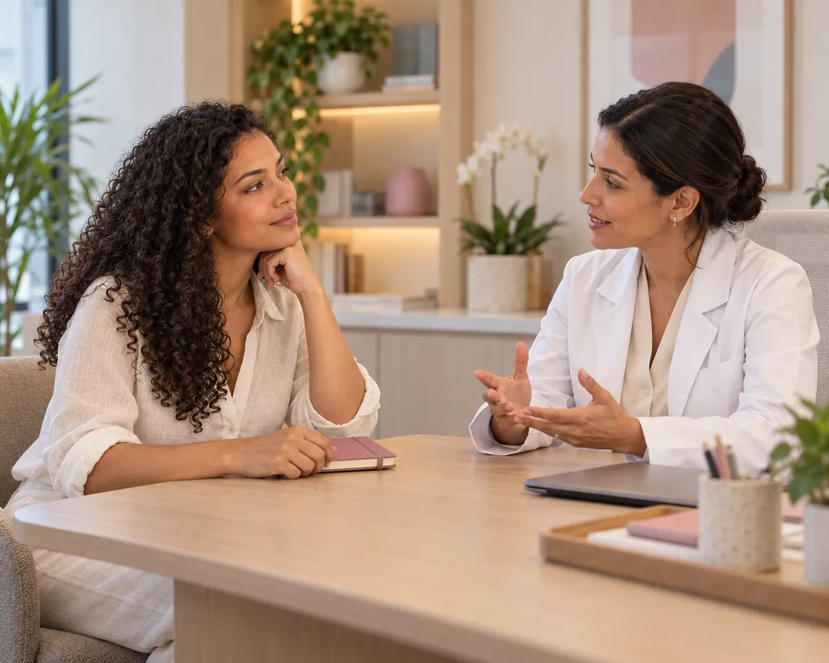 Mulher conversa com a médica no consultório, segurando um caderno com suas dúvidas.