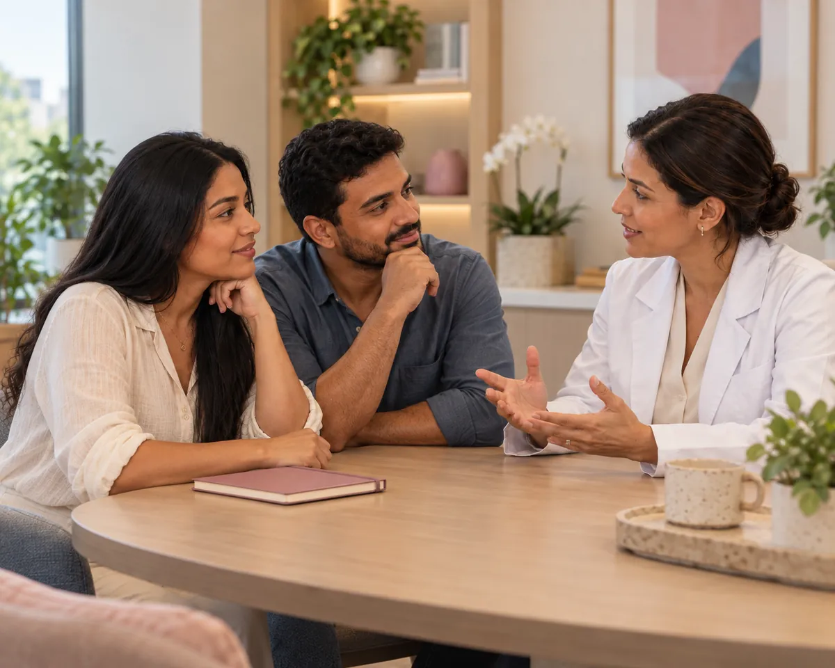 Casal conversa com a médica no consultório, com um caderno sobre a mesa.