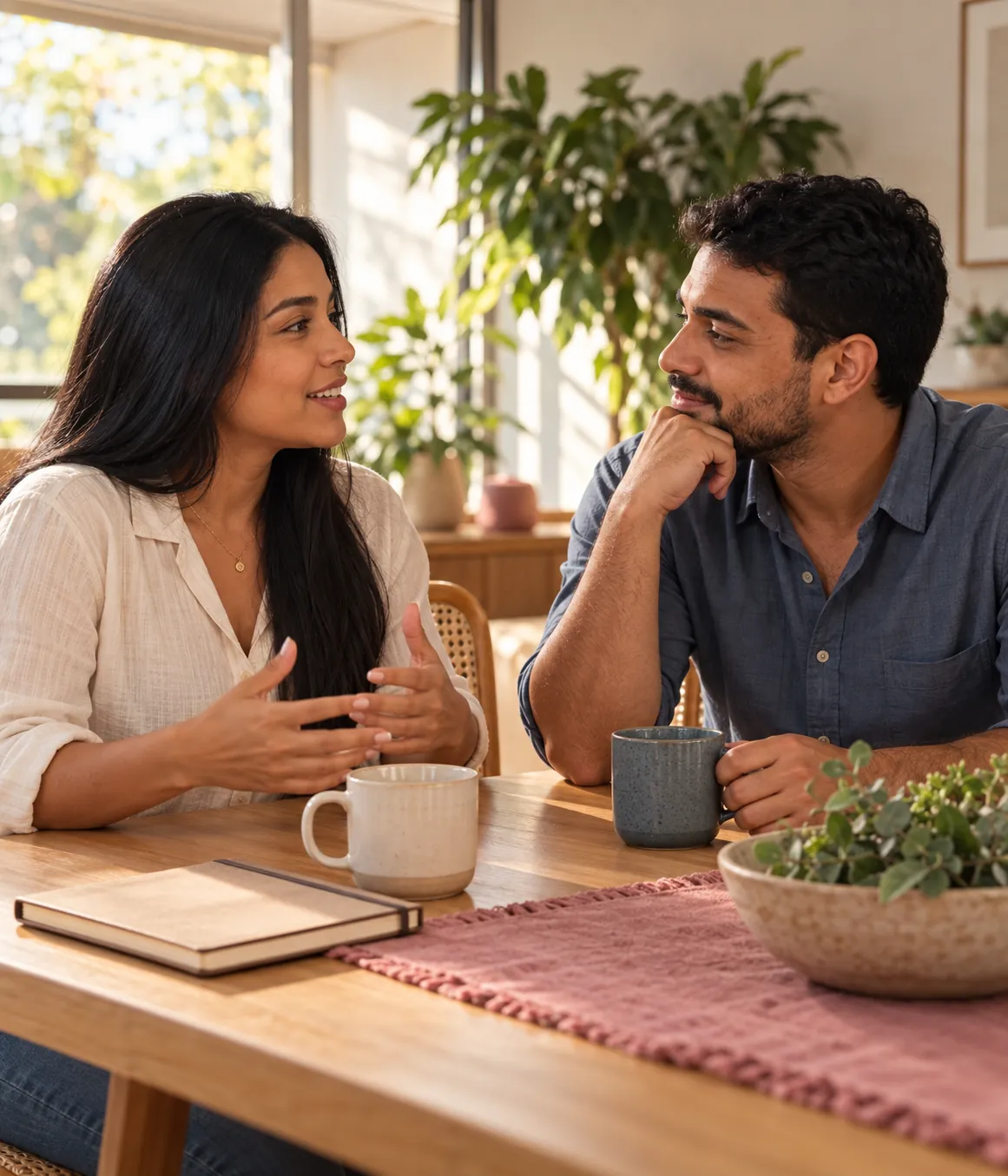 Casal conversa à mesa, com canecas e um caderno, em uma sala iluminada pelo sol.